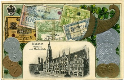 Munchen Germany Coins and Bills Postcard